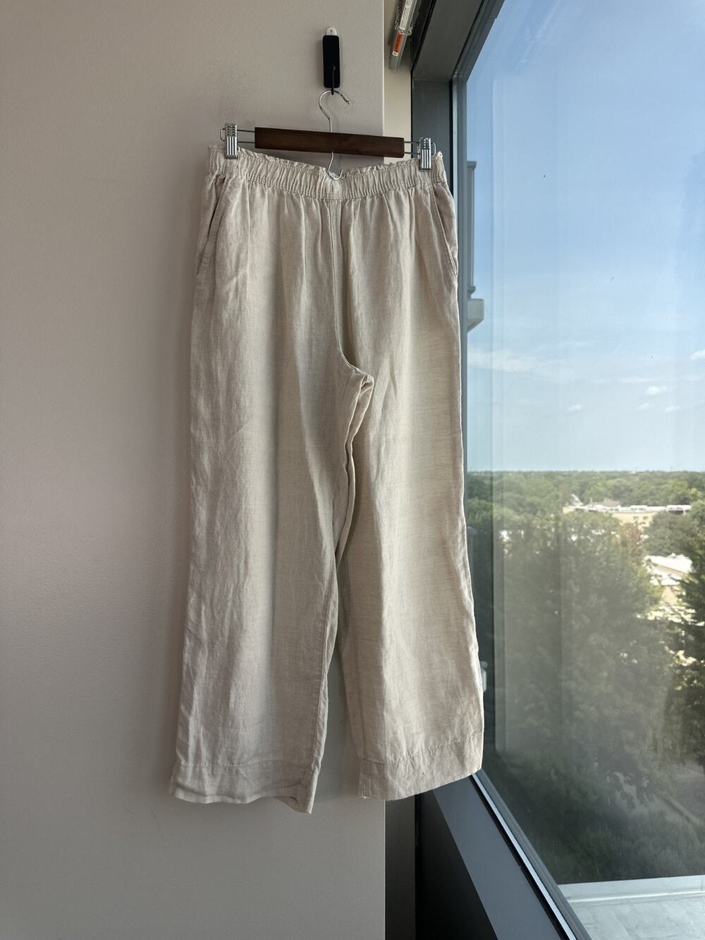H&M Light Beige 100% Linen loose Wide Leg Trouser Fit Summer Classic Pants Sz M